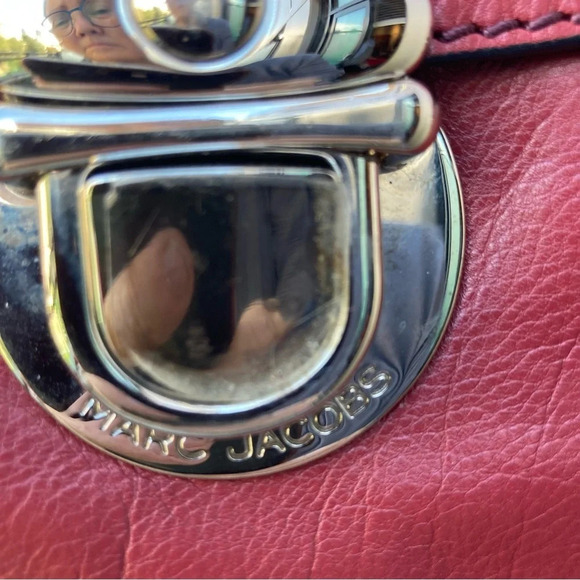 MARC JACOBS Handbag Deep Red Double Pockets Leather Silver Hardware Satchel - Picture 3 of 16
